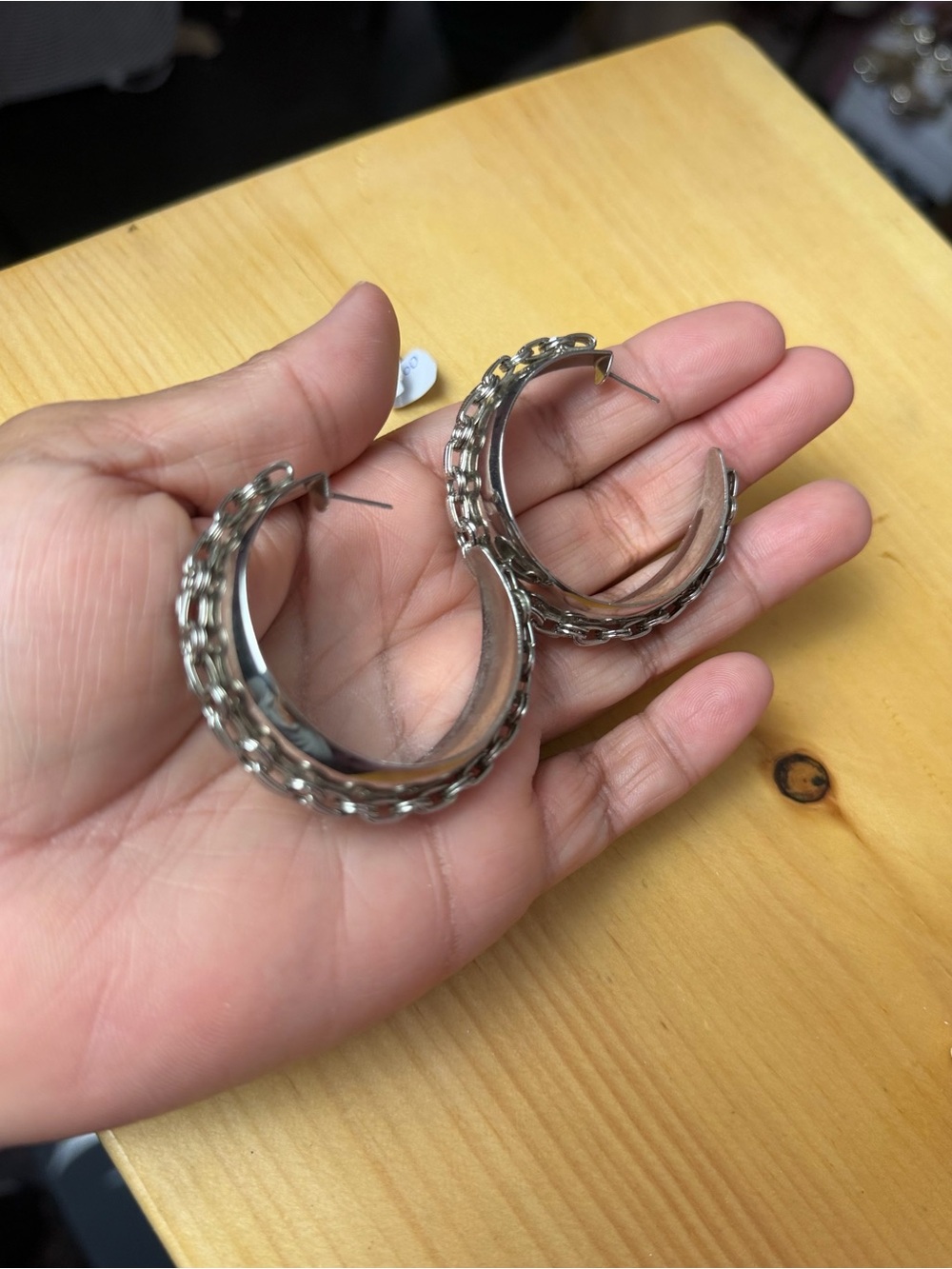 Vintage Chain Detail Hoop Earrings | Silver Tone Statement Jewelry - Picture 8 of 16